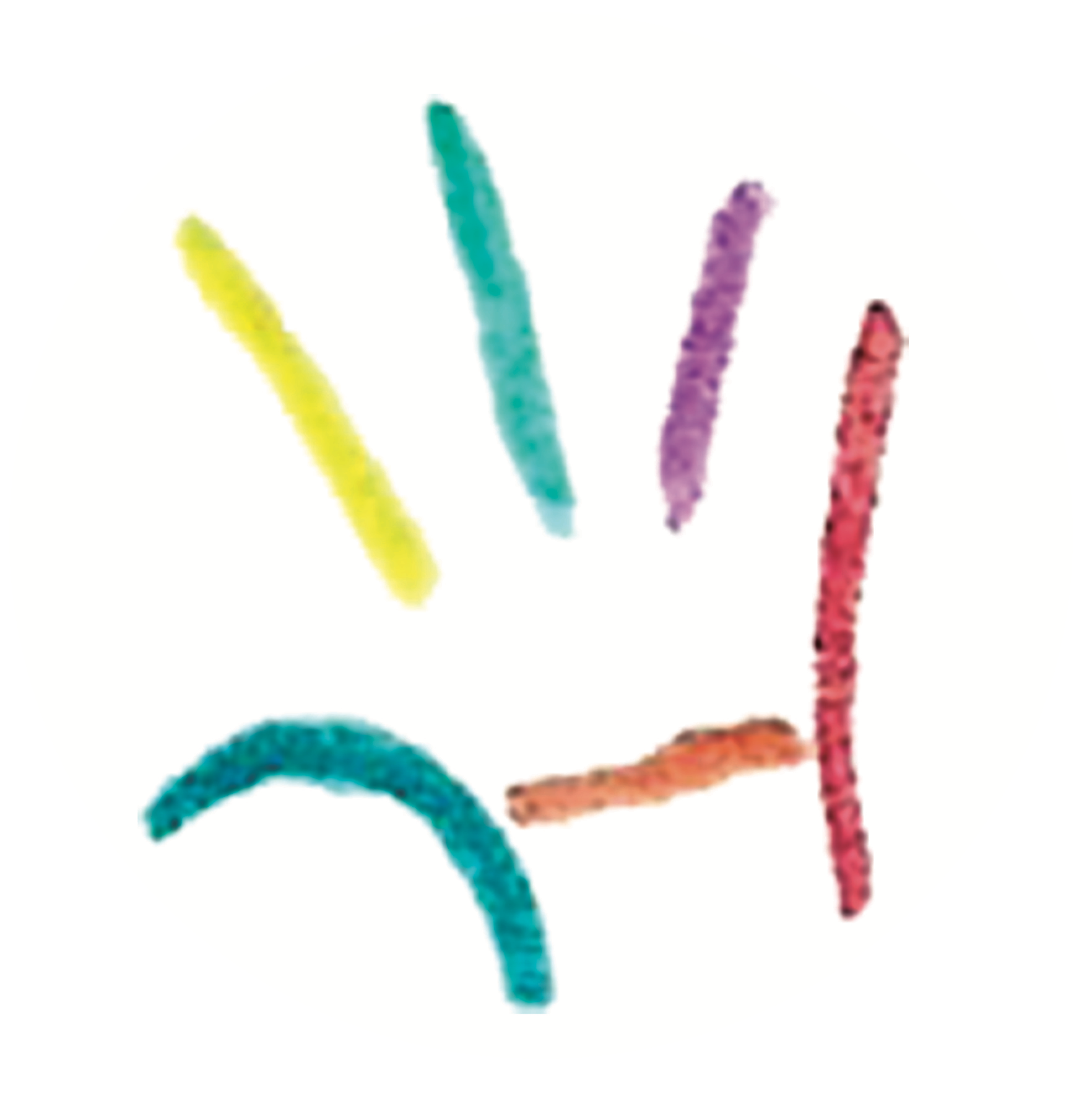Das ist das Logo von Handfest. Es ist eine gezeichnete Hand mit bunten Fingern zu sehen. Gleichzeitig ist in der Hand auch ein H zu erkennen.